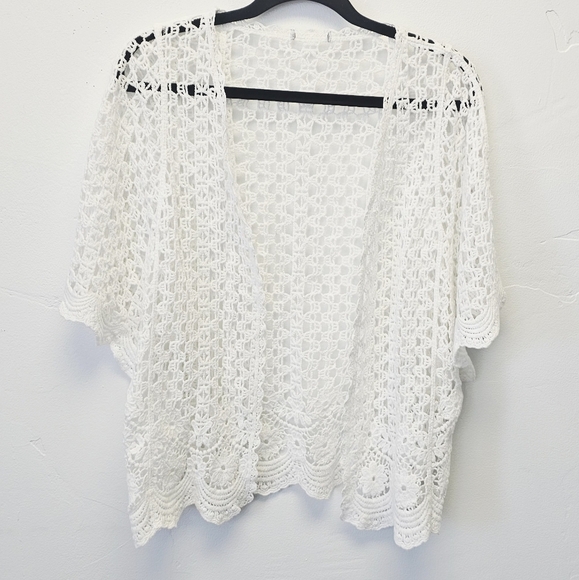 White Crochet Lace Open Cropped Open Knit Flare Short Sleeves Women Cardigan OS - Picture 1 of 5